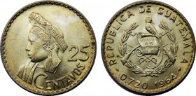GUATEMALA 1964 Republic,Concepción Ramírez 25 CENTAVOS SILVER MS8.4g 
KM# 263