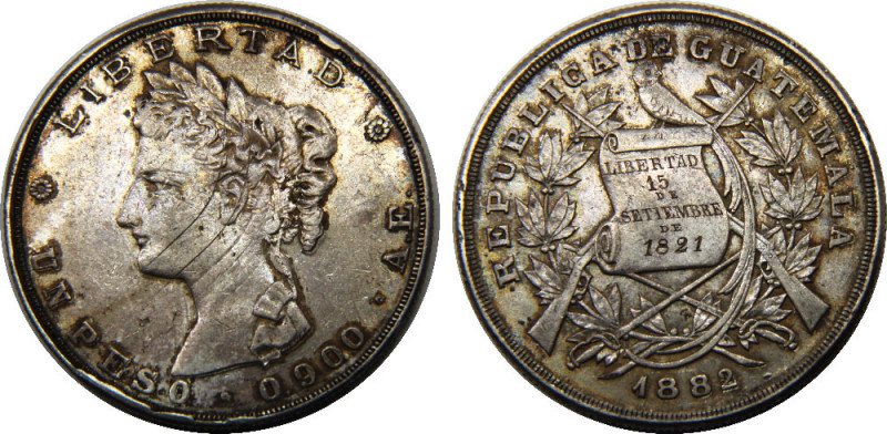 GUATEMALA 1882 A.E. Republic 1 PESO SILVER XF25g 
KM# 208