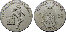 GUINEA 1988 Republic,1992 Summer Olympics in Barcelona(Mintage 5000) 100 FRANCS GUINEENS SILVER MS16.2g 
KM# 57
