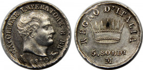ITALIAN STATES 1810 M Napoleon I, Napoleonic Kingdom of Italy,Milan mint 5 SOLDI SILVER MS1.3g 
C#5.1