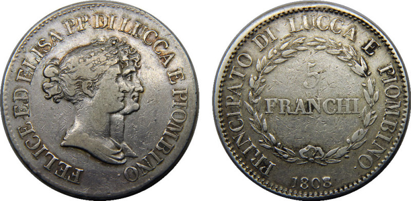 ITALIAN STATES 1808/7 Republic of Lucca,Felix and Elisa 5 FRANCHI SILVER VF24.8g...