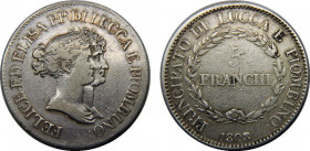 ITALIAN STATES 1808/7 Republic of Lucca,Felix and Elisa 5 FRANCHI SILVER VF24.8g 
KM# 24.3