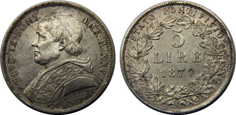 ITALIAN STATES 1870/XXV R Pius IX,Papal State,Rome mint 5 LIRE SILVER AU25.1g 
...