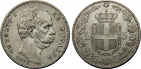 ITALY 1879 R Umberto I,Kingdom,Rome mint 5 LIRE SILVER XF25g 
KM# 20