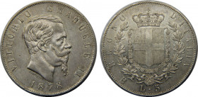 ITALY 1878 R Vittorio Emanuele II,Kingdom,Rome mint 5 LIRE SILVER AU25g 
KM#8.4