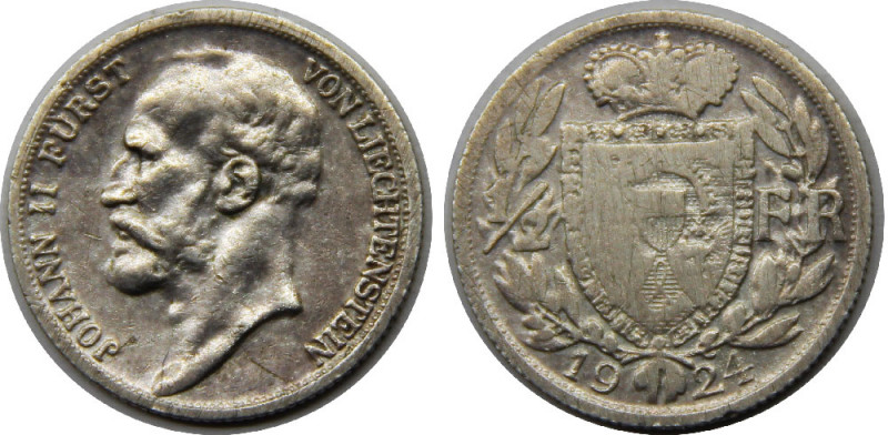 LIECHTENSTEIN 1924 Johann II,(Mintage 30000),15745 later melted 1/2 FRANK SILVER...