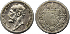 LIECHTENSTEIN 1924 Johann II,(Mintage 30000),15745 later melted 1/2 FRANK SILVER VF2.5g 
Y# 7