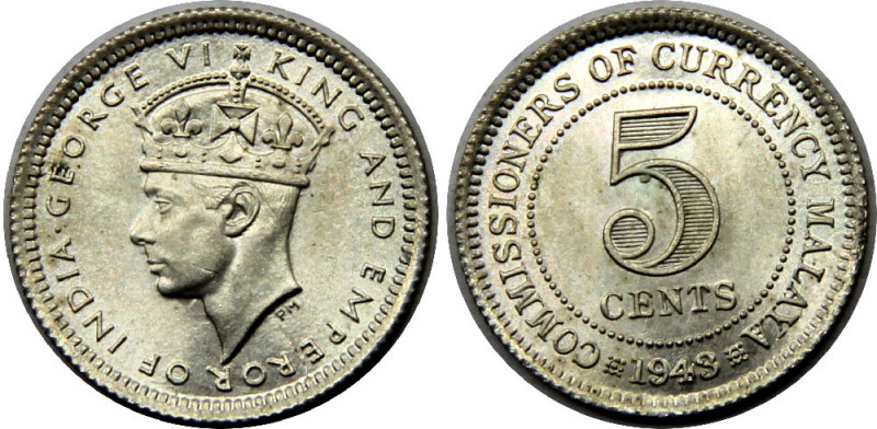 MALAYA 1943 George VI,British, Royal mint 5 CENTS SILVER MS1.4g 
KM# 3a