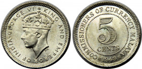 MALAYA 1943 George VI,British, Royal mint 5 CENTS SILVER MS1.4g 
KM# 3a
