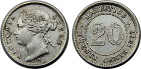 MAURITIUS 1877 H Victoria,British,Heaton's mint 20 CENTS SILVER AU2.3g 
KM# 11