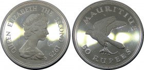 MAURITIUS 1975 Elizabeth II,British,Mauritius Kestrel,Proof,(Mintage 9513) 50 RUPEES SILVER PF35.8g 
KM# 41a