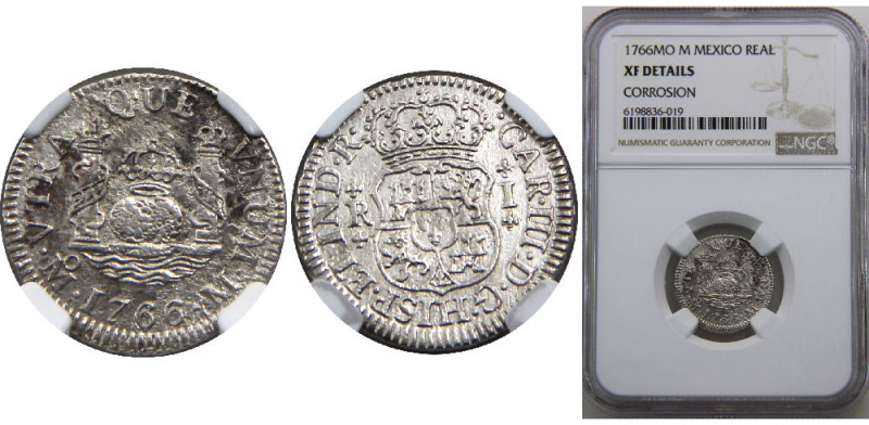 MEXICO 1766 Mo M Carlos III,Spanish,Mexico City mint 1 REAL SILVER XF 
KM# 77