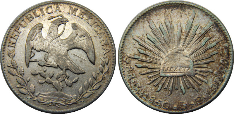 MEXICO 1860 Go PP Federal Republic,Guanajuato mint 8 REALES SILVER XF27g 
KM#37...