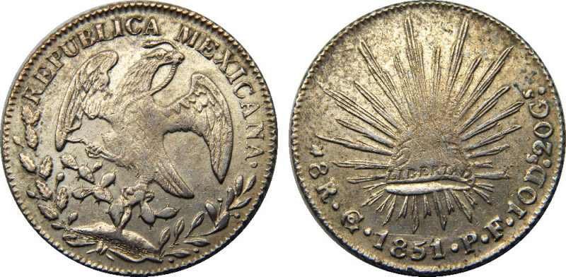 MEXICO 1851 Go PF Federal Republic,Guanajuato mint 8 REALES SILVER AU26.9g 
KM#...