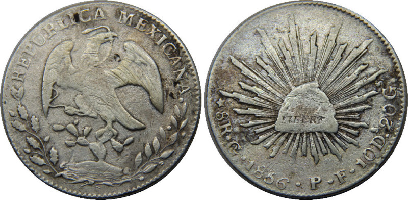 MEXICO 1856 Go PF Federal Republic,Guanajuato mint 8 REALES SILVER VF26.4g 
KM#...