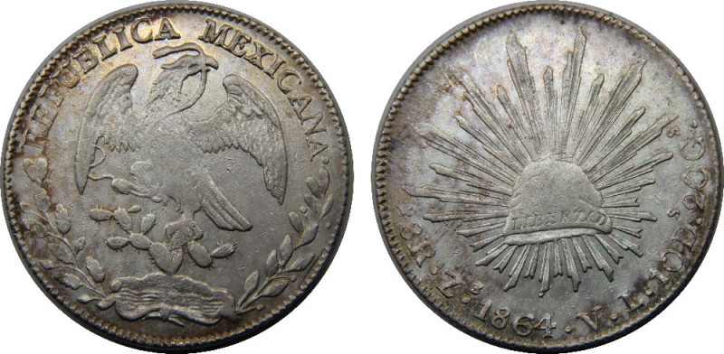 MEXICO 1864 Zs VL Federal Republic, Zacatecas mint 8 REALES SILVER XF27.3g 
KM#...