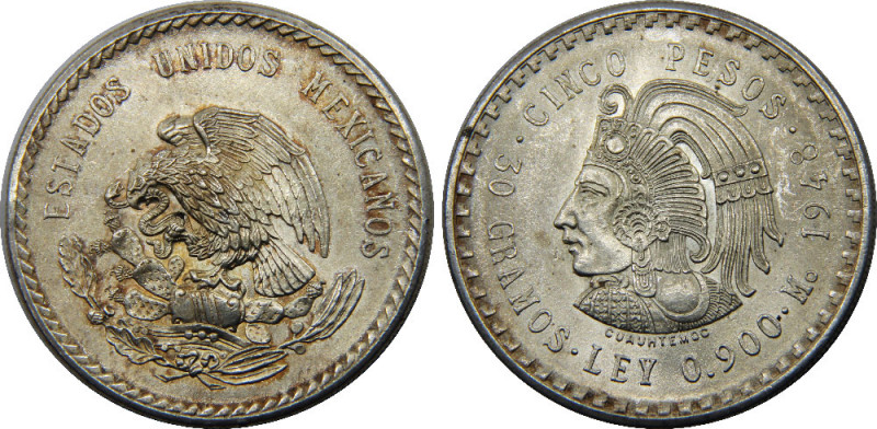 MEXICO 1948 Mo United Mexican States,Cuauhtemoc 5 PESOS SILVER MS30g 
KM# 465