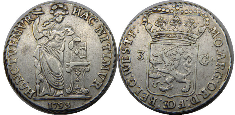 NETHERLANDS 1793 Republic,West Friesland 3 GULDEN SILVER VF31.3g 
KM#141.2