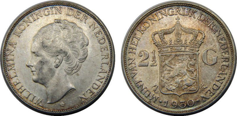 NETHERLANDS 1930 Wilhelmina I,Kingdom 2½ GULDEN SILVER AU25g 
KM# 165