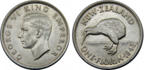 NEW ZEALAND 1943 George VI,1st type,British 1 FLORIN SILVER AU11.3g 
KM# 10.1