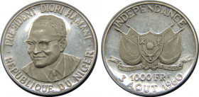 NIGER 1960 Republic,Independence,Proof,Rare( Mintage 1000) 1000 FRANCS CFA SILVER PF20g 
KM# 6