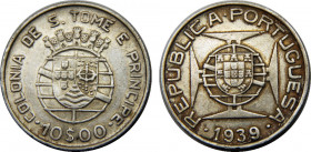 São TOMÉ AND PRINCIPE 1939 Portuguese(Mintage 40000) 10 ESCUDOS SILVER XF12.4g 
KM# 7