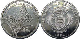 SEYCHELLES 1994 Republic,Milkweed Butterfly,Proof( Mintage 20000) 25 RUPEES SILVER PF28.7g 
KM# 74