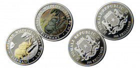 SOMALIA 2019 Republic,Elephant;,2 Lots,Silver Bullion Coinage,Proof Giding/Coloured 100 SHILLINGS SILVER MS