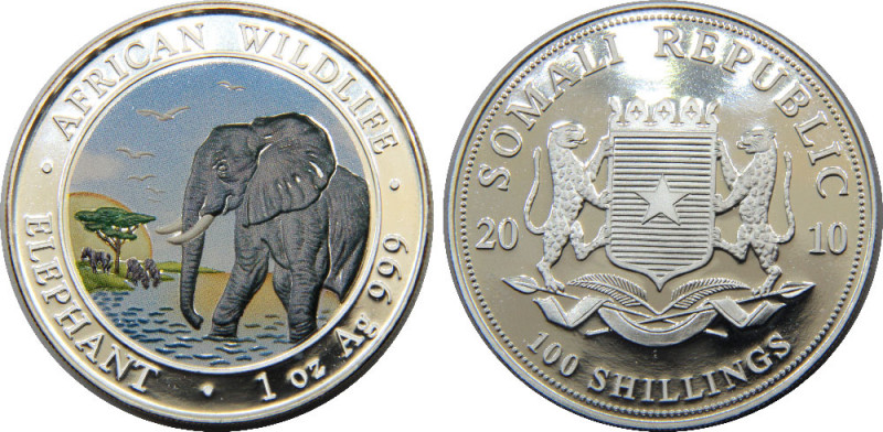 SOMALIA 2010 Republic,Elephant; Silver Bullion Coinage,Proof Coloured 100 SHILLI...