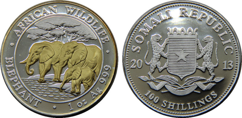 SOMALIA 2013 Republic,Elephant; Silver Bullion Coinage,Proof Giding 100 SHILLING...