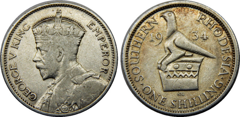 SOUTH RHODESIA 1934 George V ,British 1 SHILLING SILVER VF5.6g 
KM# 3