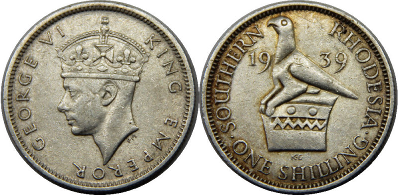 SOUTH RHODESIA 1939 George VI ,British 1 SHILLING SILVER XF5.6g 
KM# 18