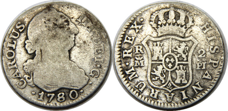 SPAIN 1780 M PJ Carlos III,Kingdom,Madrid mint 2 REALES SILVER VF5.6g 
KM# 412....