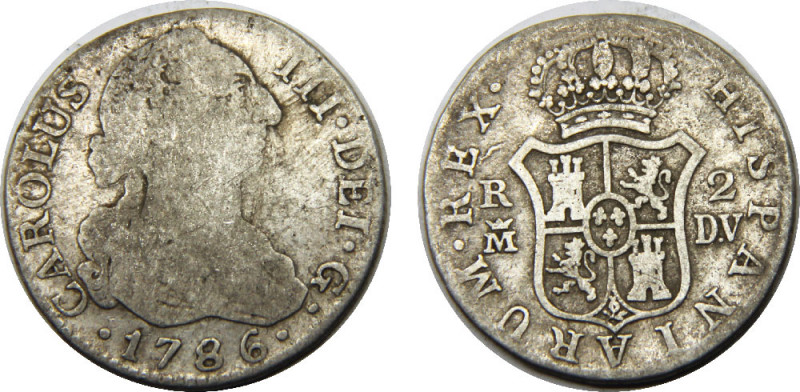 SPAIN 1786 M DV Carlos III,Kingdom,Madrid mint 2 REALES SILVER VF5.7g 
KM# 412....