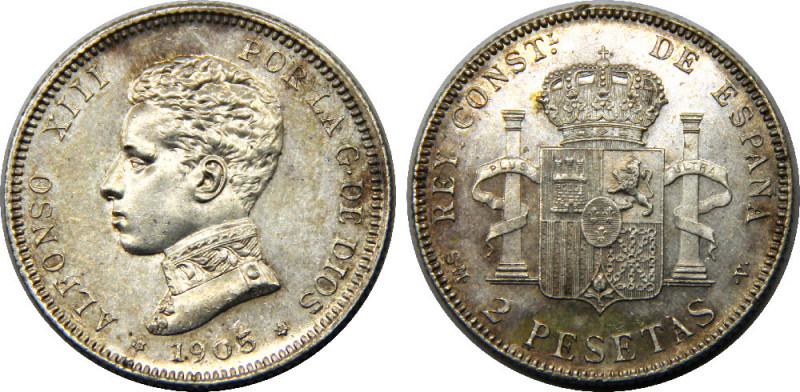 SPAIN 1905 SMV Alfonso XIII 4th portrait,Kingdom,Madrid mint 2 PESETAS SILVER MS...