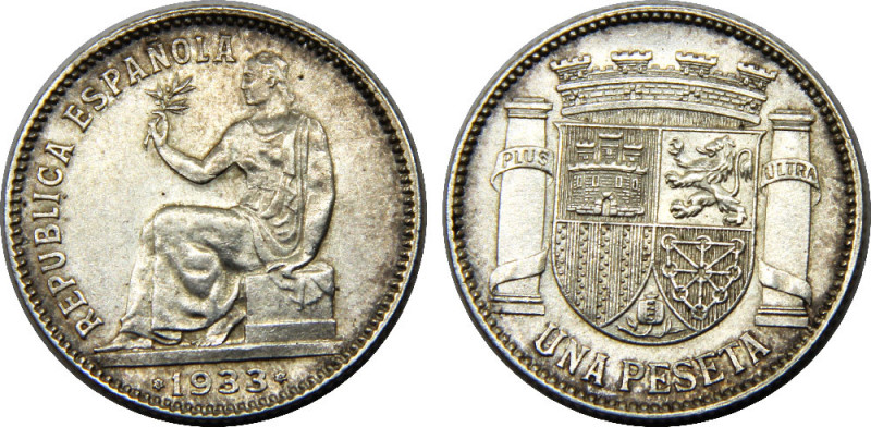 SPAIN 1933 Second Republic,Madrid mint 1 PESETA SILVER AU5.1g 
KM# 750