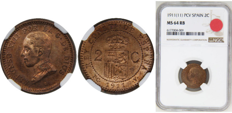 SPAIN 1911 PCV Alfonso XIII 5th portrait,Kingdom,Madrid mint 2 CENTIMOS COPPER M...