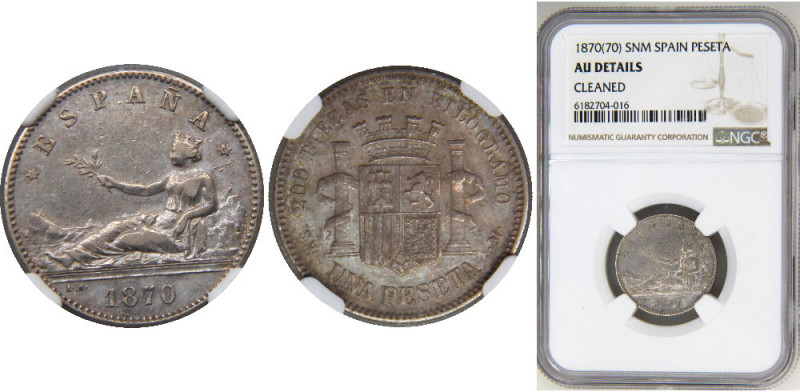 SPAIN 1870 SNM Provisional Government,Madrid mint 1 PESETA SILVER AU 
KM# 653