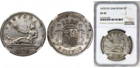 SPAIN 1870 SNM Provisional Government,Madrid mint 5 PESETAS SILVER XF45 
KM# 655