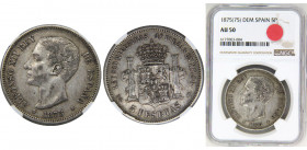 SPAIN 1875 DEM Alfonso XII,Kingdom,1st portrait,Madrid mint 5 PESETAS SILVER AU50 
KM# 671