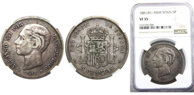 SPAIN 1881 MSM Alfonso XII,Kingdom,2nd portrait,Madrid mint 5 PESETAS SILVER VF3...