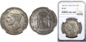SPAIN 1881 MSM Alfonso XII,Kingdom,2nd portrait,Madrid mint 5 PESETAS SILVER XF45 
KM# 676