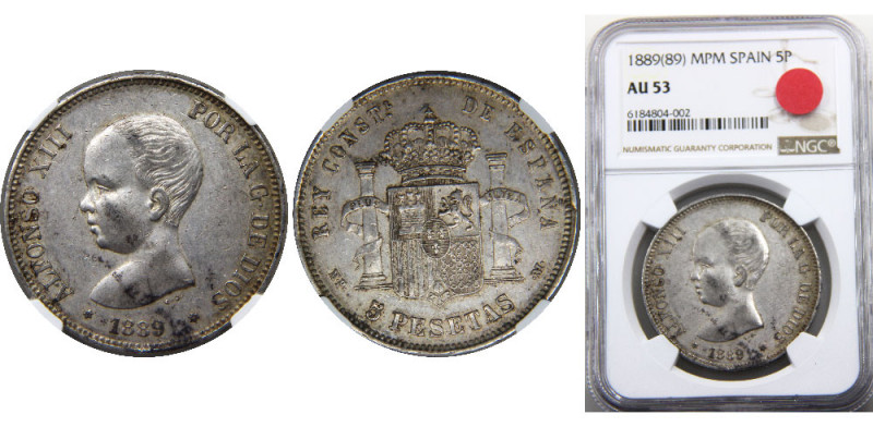 SPAIN 1889 MPM Alfonso XIII,Kingdom,1st portrait,Madrid mint 5 PESETAS SILVER AU...