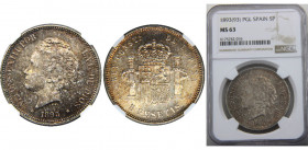 SPAIN 1893 PGL Alfonso XIII,Kingdom,2nd portrait,Madrid mint 5 PESETAS SILVER MS63 
KM# 700