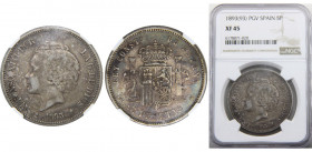 SPAIN 1893 PGV Alfonso XIII,Kingdom,2nd portrait,Madrid mint(Mintage 518 000) 5 PESETAS SILVER XF45 
KM# 700