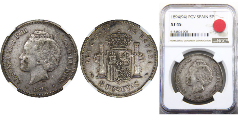 SPAIN 1894 PGV Alfonso XIII,Kingdom,2nd portrait,Madrid mint(Mintage 518 000) 5 ...