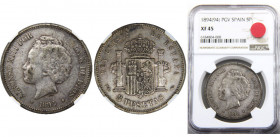 SPAIN 1894 PGV Alfonso XIII,Kingdom,2nd portrait,Madrid mint(Mintage 518 000) 5 PESETAS SILVER XF45 
KM# 700