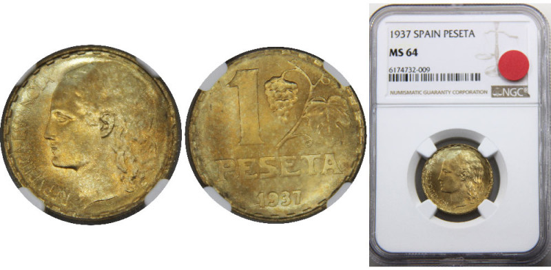 SPAIN 1937 Second Republic 1 PESETA ALUMINIUM,BRONZE MS64 
KM# 755