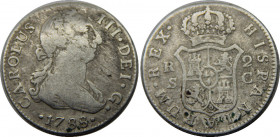 SPAIN 1788 S C Carlos III,Kingdom,Seville mint 2 REALES SILVER VF5.7g 
KM# 412.2