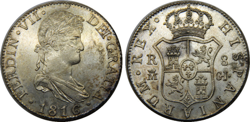 SPAIN 1816 M GJ Fernando VII,Kingdom,2nd portrait,Madrid mint 8 REALES SILVER MS...